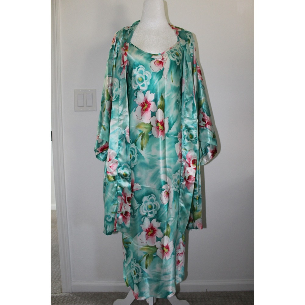 VTG Expressions California Dynasty Teal Nightgown &‎ Robe Set Tropical S/M
